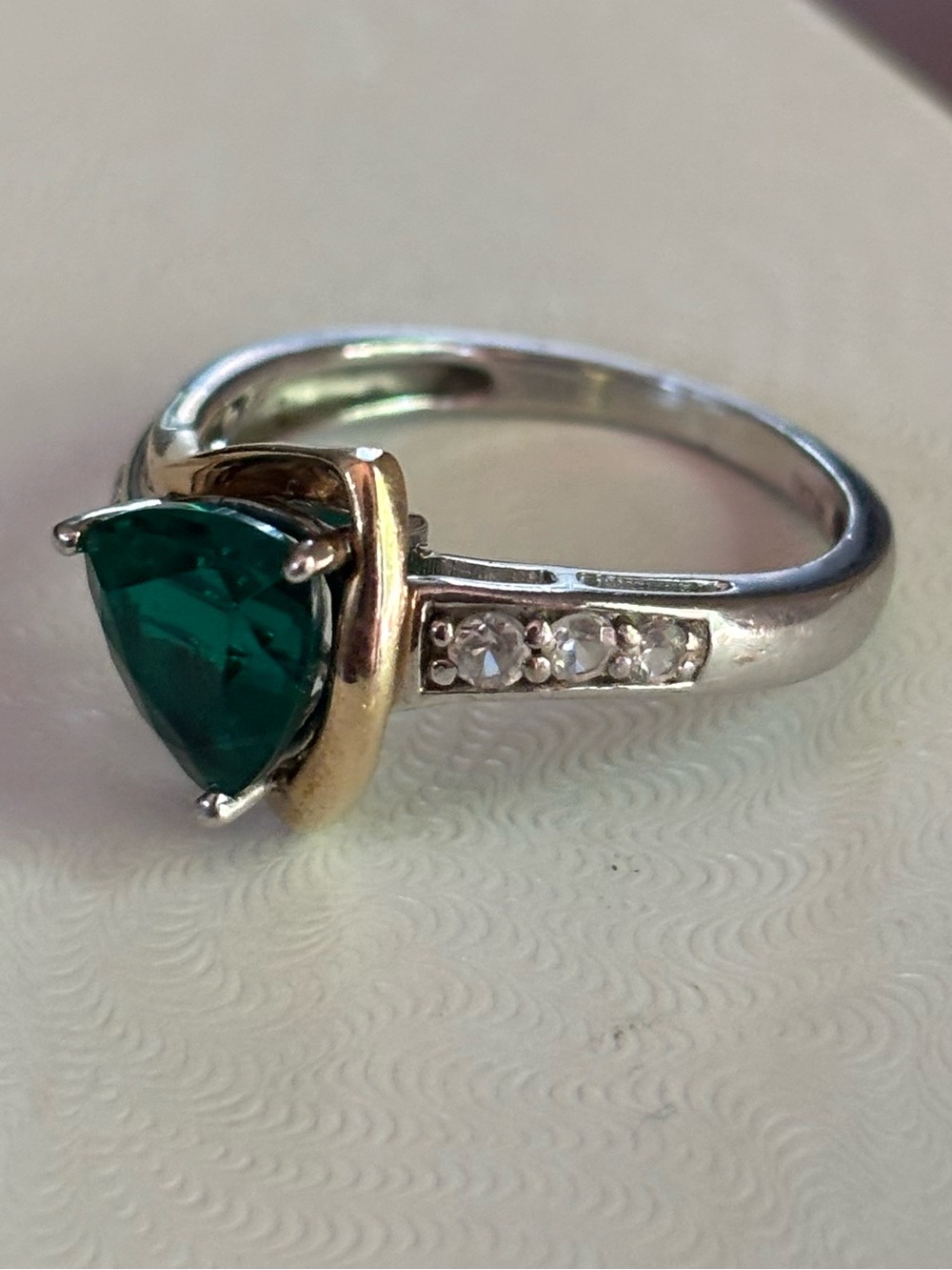 Helzberg Two Tone 925 Silver & 10K Gold  Simulated Emerald Diamond Ring Sz 7